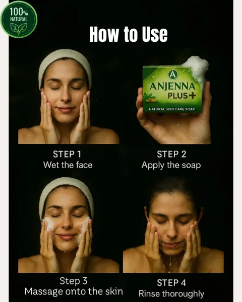 How to use Anjenna Plus soap in four steps: wet, apply, massage, rinse